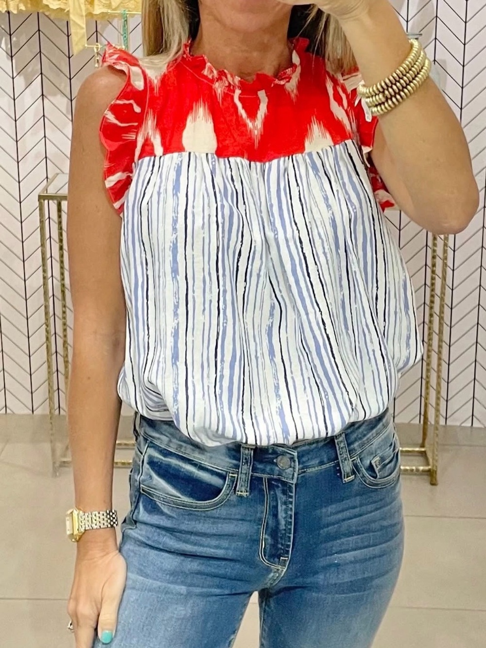 THML Striped Ruffle Sleeveless blouse XS NWT